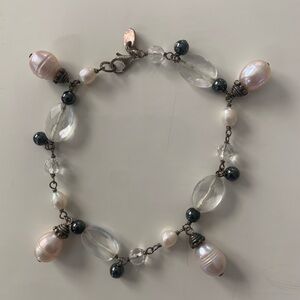 Genuine sterling silver pearl/hematite/clear quartz bracelet 7”